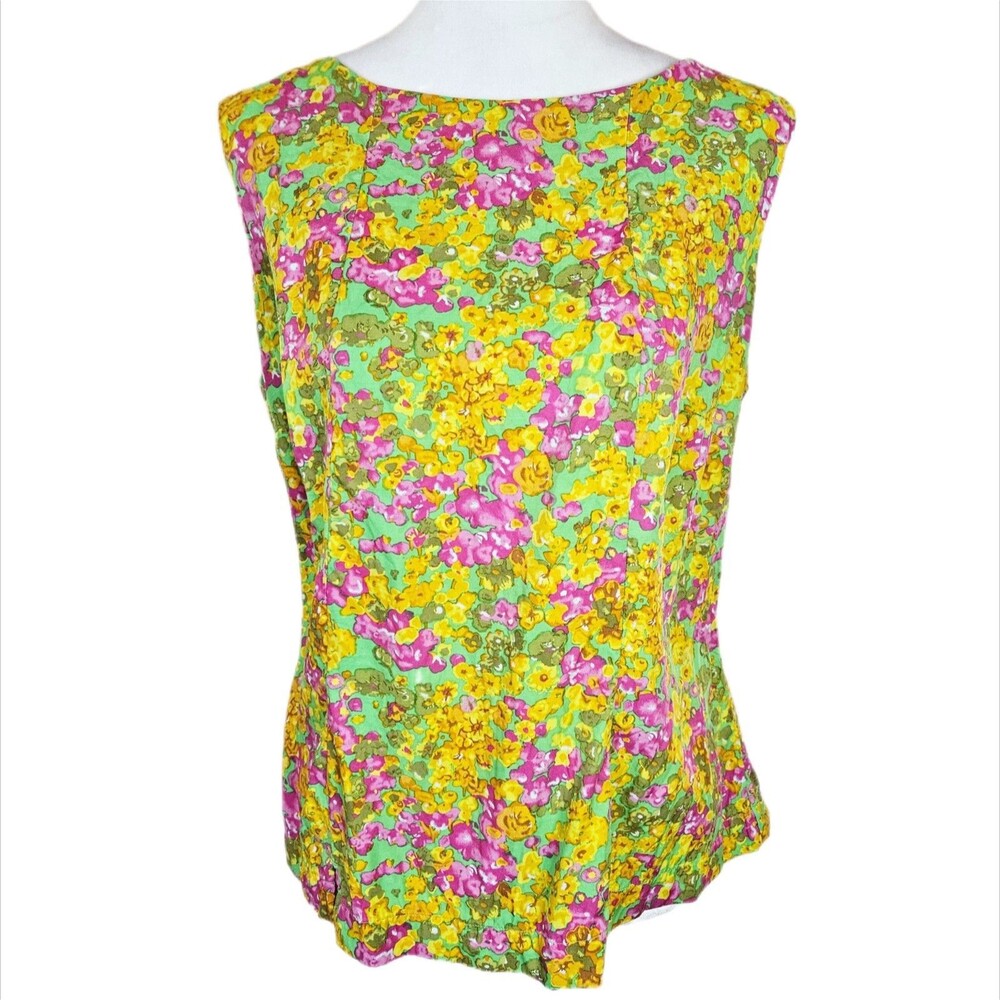 Boden Floral Silk Blend Blouse Womens 12 Spring 70s Sleeveless Button Back Retro